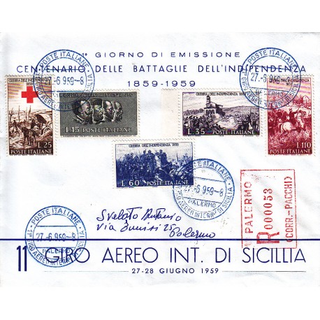 FDC ITALIA 1959 - 866 Centenario della II guerra d'Indipendenza as/Pa 11° giro aereo di Sicilia raccomandata 