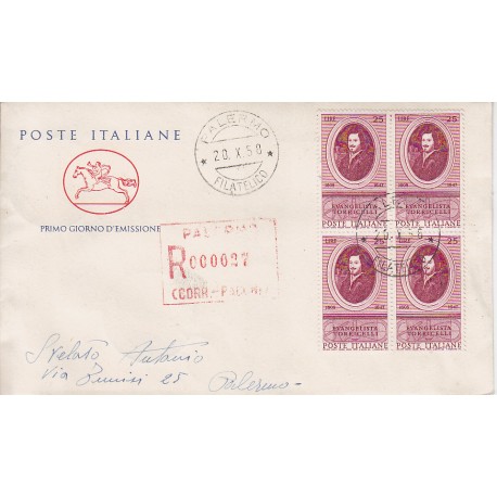 FDC ITALIA 1958 POSTE ITALIANE - 842 - 350º Anniversario della nascita di Evangelista Torricelli a/PA quartina raccomandata