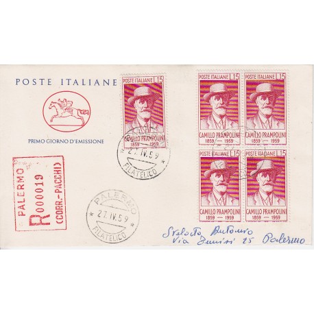 FDC ITALIA 1959 POSTE ITALIANE - 860 - Centenario della nascita di Camillo Prampolini a/PA quartina racc