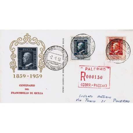 FDC ITALIA 1959 Privato - 851 - Centenario dei francobolli del regno di Sicilia annullo speciale raccomandata