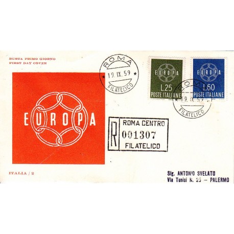 FDC ITALIA 1959 ITALIA - 877 S195 Serie completa 2 val. - Europa CEPT annullo Roma in raccomandata 