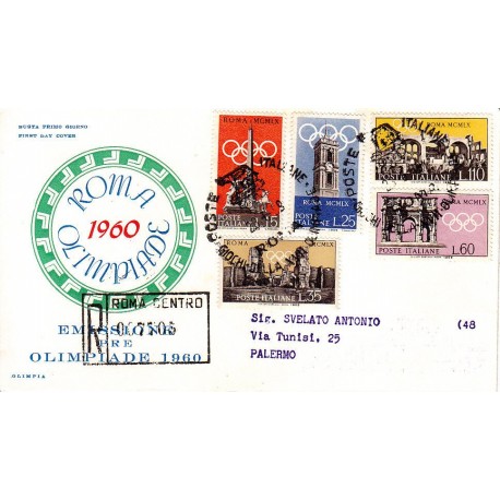 FDC ITALIA 1959 OLIMPIA - 861 - Preolimpica, propaganda per la 17°olimpiadi di Roma del 1960 annullo speciale Roma Raccomandata