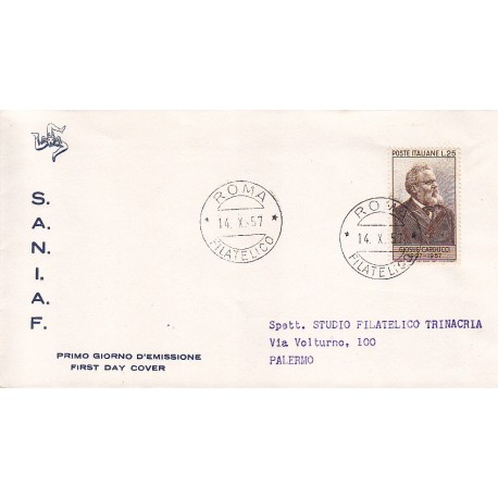 FDC ITALIA 1957 S.A.N.I.A.F. - 819 - 50º anniversario della morte di Giosue Carducci A/Roma