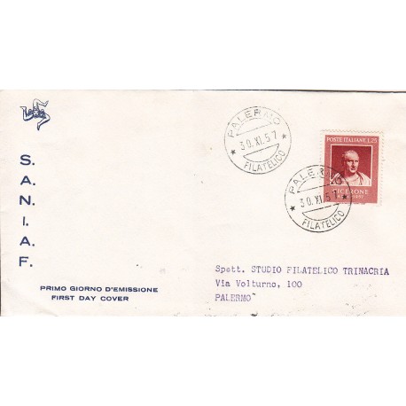 FDC ITALIA 1957 S.A.N.I.A.F. - 821 - Bimillenario della morte di Cicerone A/PALERMO Viaggiata