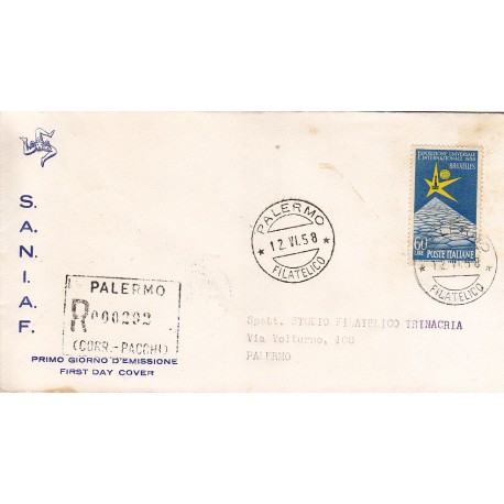 FDC ITALIA 1958 S.A.N.I.A.F. - 832 - Esposizione internazionale di Bruxelles annullo Palermo in raccomandata
