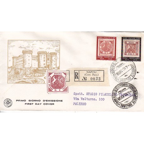 FDC ITALIA 1958 S.A.N.I.A.F. - 840 - Centenario del primo francobollo del regno di Napoli Annullo speciale raccomandata
