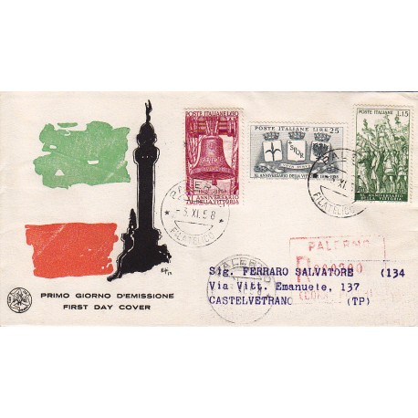 FDC ITALIA 1958 S.A.N.I.A.F. - 843 40º Anniversario della Vittoria nella prima guerra mondiale - Annullo Palermo Raccomandata