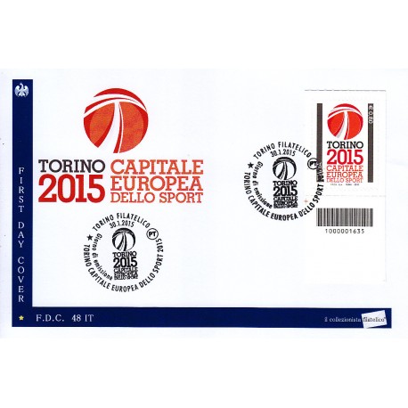 FDC - ITALIA 48/2015 Torino 2015 Capitale Europea Sport a/s codice a barre bs