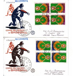 FDC ITALIA 1973 Filagrano Unif. 1219/20 Coppa del mondo Baseball quartina raccomandata