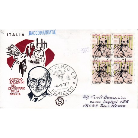 FDC ITALIA 1973 Filagrano Unif. 1223 Salvemini quartina raccomandata