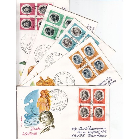 FDC ITALIA 1973 Roma Unif. 1227/31 Artisti Italiani quartina viaggiate