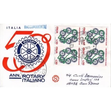 FDC ITALIA 1973 Filagrano Unif. 1238 Rotary quartina raccomandata