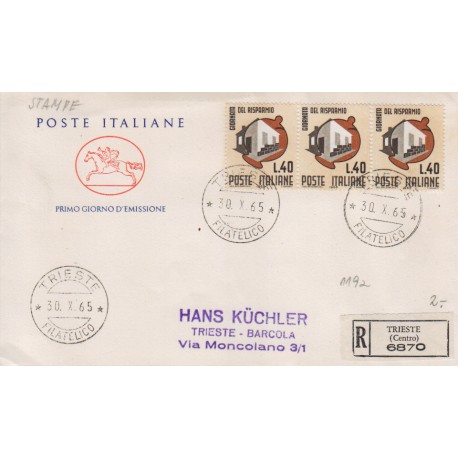 FDC ITALIA 1965 Poste Italiane Unif. 1008 Giornata del Risparmio raccomandata