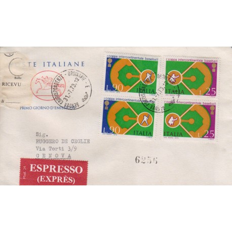 FDC ITALIA 1973 Poste Italiane Unif. 1219/20 Baseball raccomandata in dittico