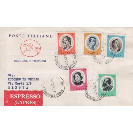 FDC ITALIA 1973 Poste Italiane Unif. 1227/31 Artisti Italiana raccomandata