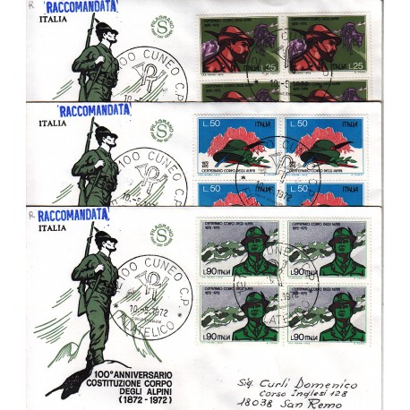 FDC ITALIA 1972 Filagrano Unif. 1176/8 Corpo degli Alpini quartina raccomandata