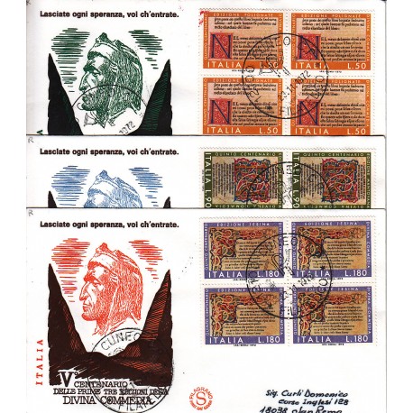 FDC ITALIA 1972 Filagrano Unif. 1186/8 Divina Commedia quartina raccomandata 3 buste