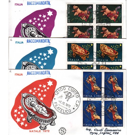 FDC ITALIA 1972 Filagrano Unif. 1189/91 Natale quartina raccomandata 3 buste