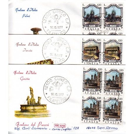 FDC ITALIA 1977 Roma Unif. 1386/8 Fontane D'Italia quartina viag.