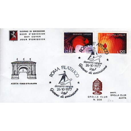 FDC ITALIA 1977 Grolla Club Unif. 1392/3 Doniamo Sangue A/Spec. APG