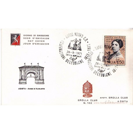 FDC ITALIA 1971 Grolla Club Unif. 1158 Grazia Deledda A/Speciale APG