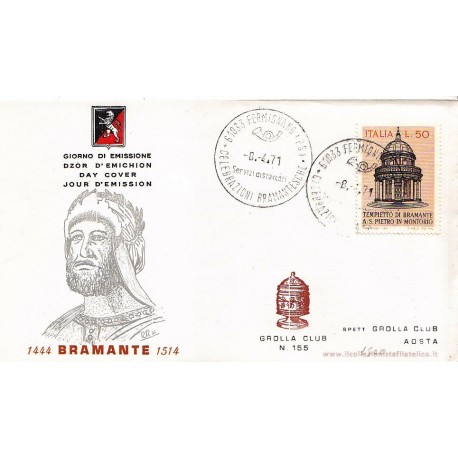 FDC ITALIA 1971 Grolla Club Unif. 1144 Bramante A/Speciale