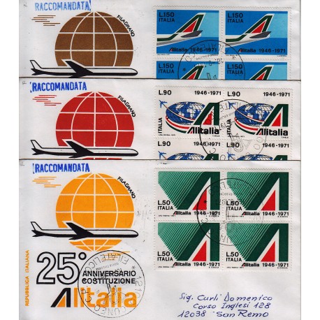 FDC ITALIA 1971 Filagrano Unif. 1155/57 Alitalia A/CU Quartina Raccomandata