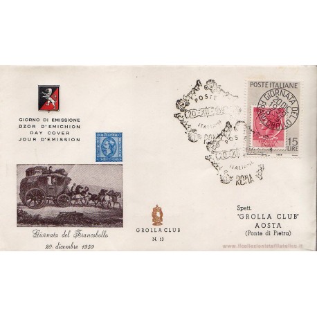 FDC ITALIA 1959 Grolla Unif. 879 - Giornata della Filatelia A/S Rm