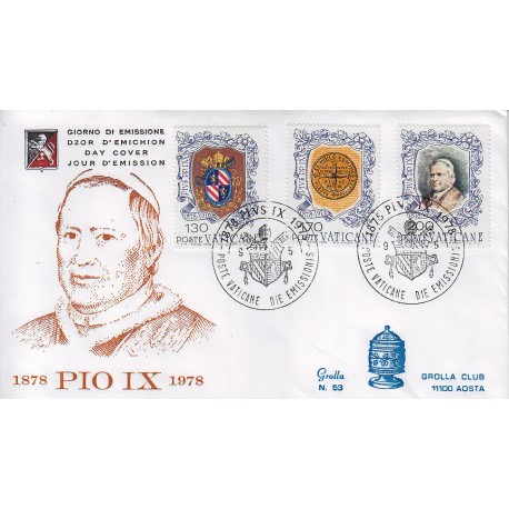 FDC VATICANO 1978 Grolla Unif. 635/7 Centenario morte di Pio IX