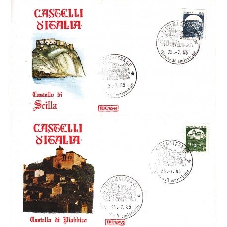 FDC Italia 1985 Roma 1737/8 Castelli d'Italia bobina Scilla Piobbico A/F Matera 