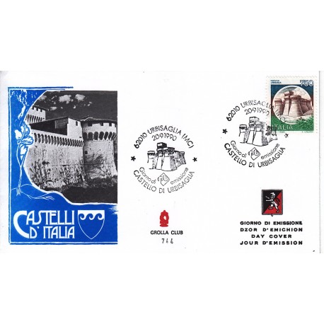 FDC Italia 1990 Grolla Club Unif. 1962 Castelli d'Italia 750 Rocca di Urbisaglia A/S