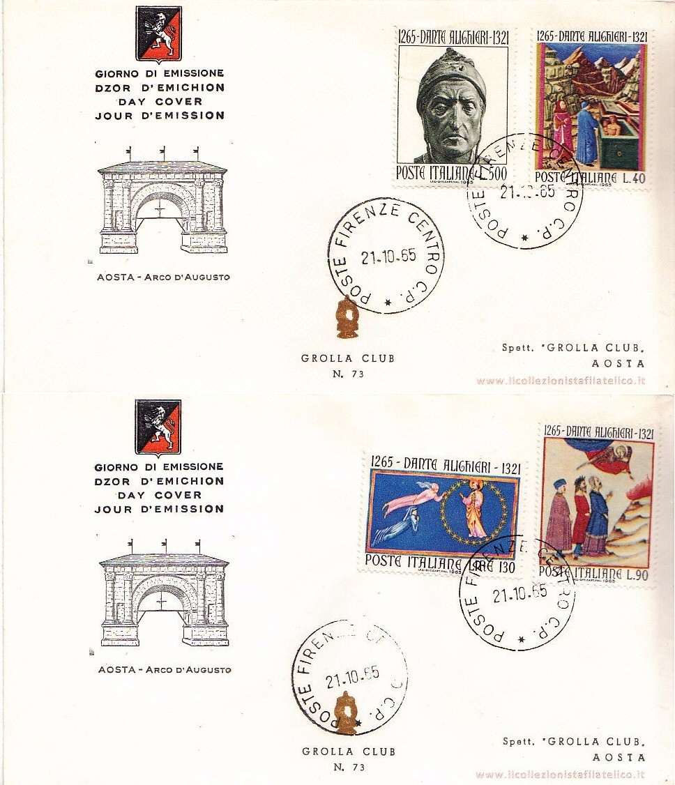 FDC Italia 1965 Grolla Club Unif. 1004 7 Dante Alighieri A O APG