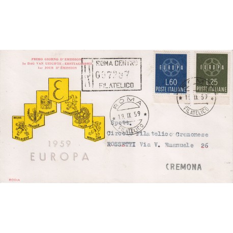 FDC ITALIA 1959 RODIA - 877 Europa CEPT a/o Roma in raccomandata