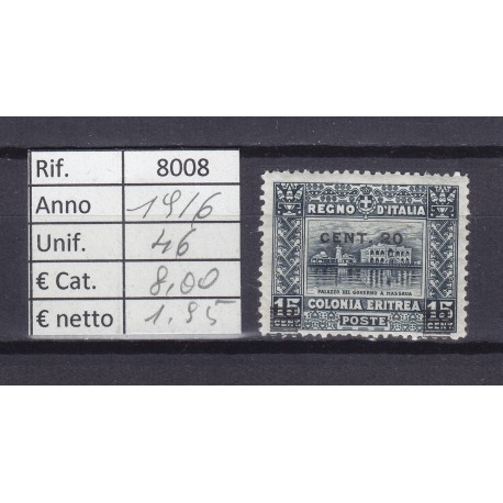 Italia Colonie - Eritrea 1916 Serie Pittorica n°36 sovrastampato 20c su 15c MNH**