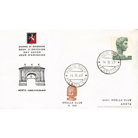 FDC ITALIA 1969 Grolla Club Unif.1107 San Giorgio a/roma apg