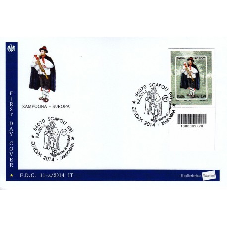 IT Repubblica 11-a/2014 FDC - 09/05/2014 - Europa - Zampogna, annullo speciale Scapoli + cab bs