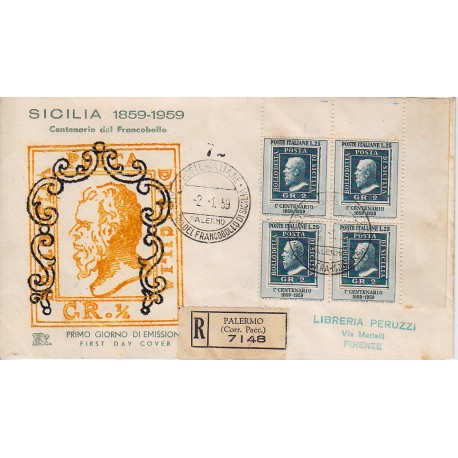 FDC ITALIA 1959 Chimera Unif. 851 Regno di Sicilia quartina raccomandata