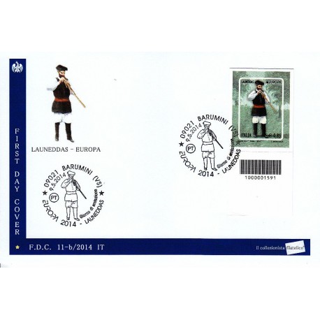 IT Repubblica 11-b/2014 FDC - 09/05/2014 - Europa - Launeddas, annullo speciale Barumini + cab bs