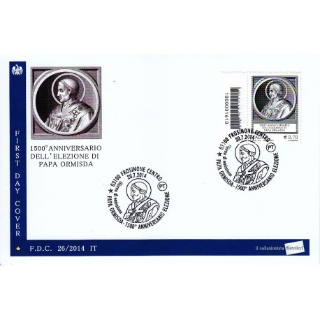 IT Repubblica 26/2014 FDC - 20/07/2014 - 1500º anniversario dell´elezione di papa Ormisda speciale Frosinone + codice a barre sc