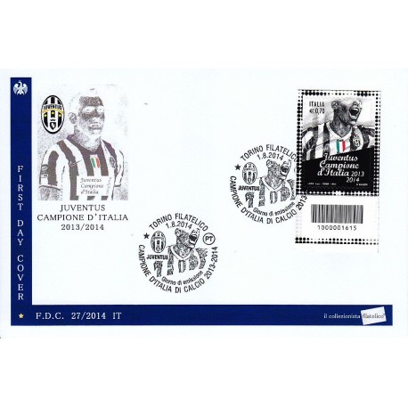 IT Repubblica 27/2014 FDC - 01/08/2014 - Juventus campione d´Italia annullo speciale Torino + codice a barre