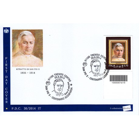 FDC - ITALIA 30/2014 - San Pio X , A/S + codice a barre bs