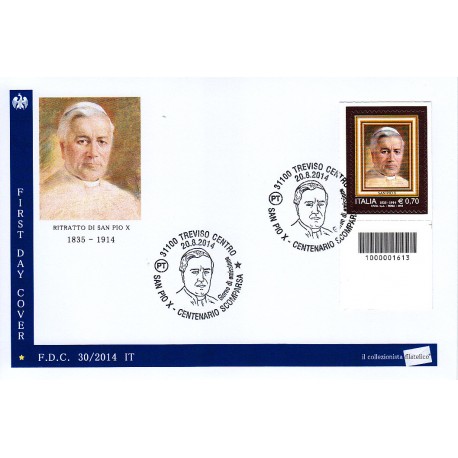 FDC - ITALIA 30/2014 - San Pio X , A/S TV + codice a barre bd