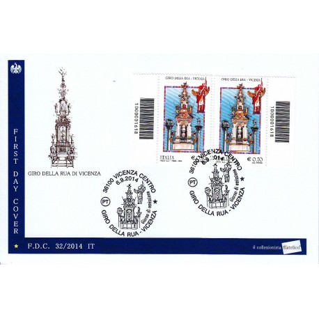 FDC - ITALIA Rep. NPE 32/2014 - 06/09/2014 3566 - Folclore Giro della Rua di Vicenza , annullo speciale codice a barre sx dx