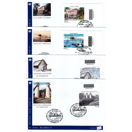 FDC - ITALIA 36/2014 Patrimonio artistico, Ville d'Italia a/s vari 4 buste codice a barre b