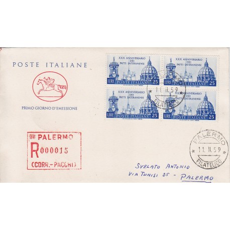 FDC ITALIA 1959 POSTE ITALIANE -853 - 30º anniversario dei Patti Lateranensi a/PA quartina