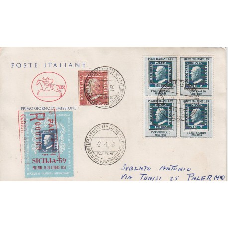 FDC ITALIA 1959 POSTE ITALIANE - 851 Centenario dei francobolli del regno di Sicilia a/PA 2 buste quartina